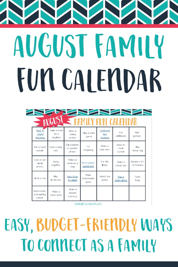 Connect with your family all month long with this free August family fun calendar! Low-prep, low-cost ideas for every day of the month!